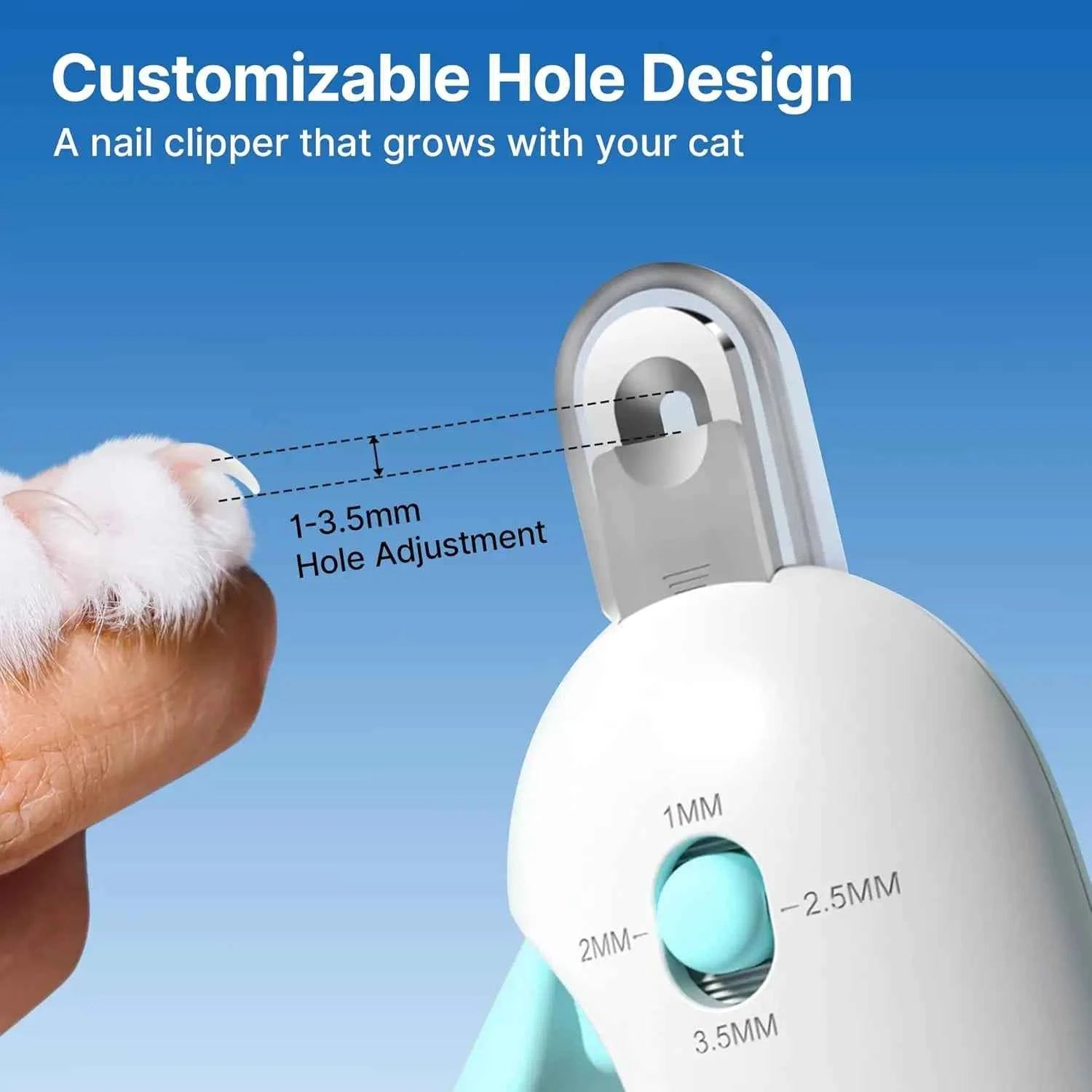Cat Nail Clipper with 3-Size Trimming Hole & Hidden File, Safe Toenail Trimmer for Kittens & Indoor Cats, Anti-Splash Claw Cutter (Blue)
