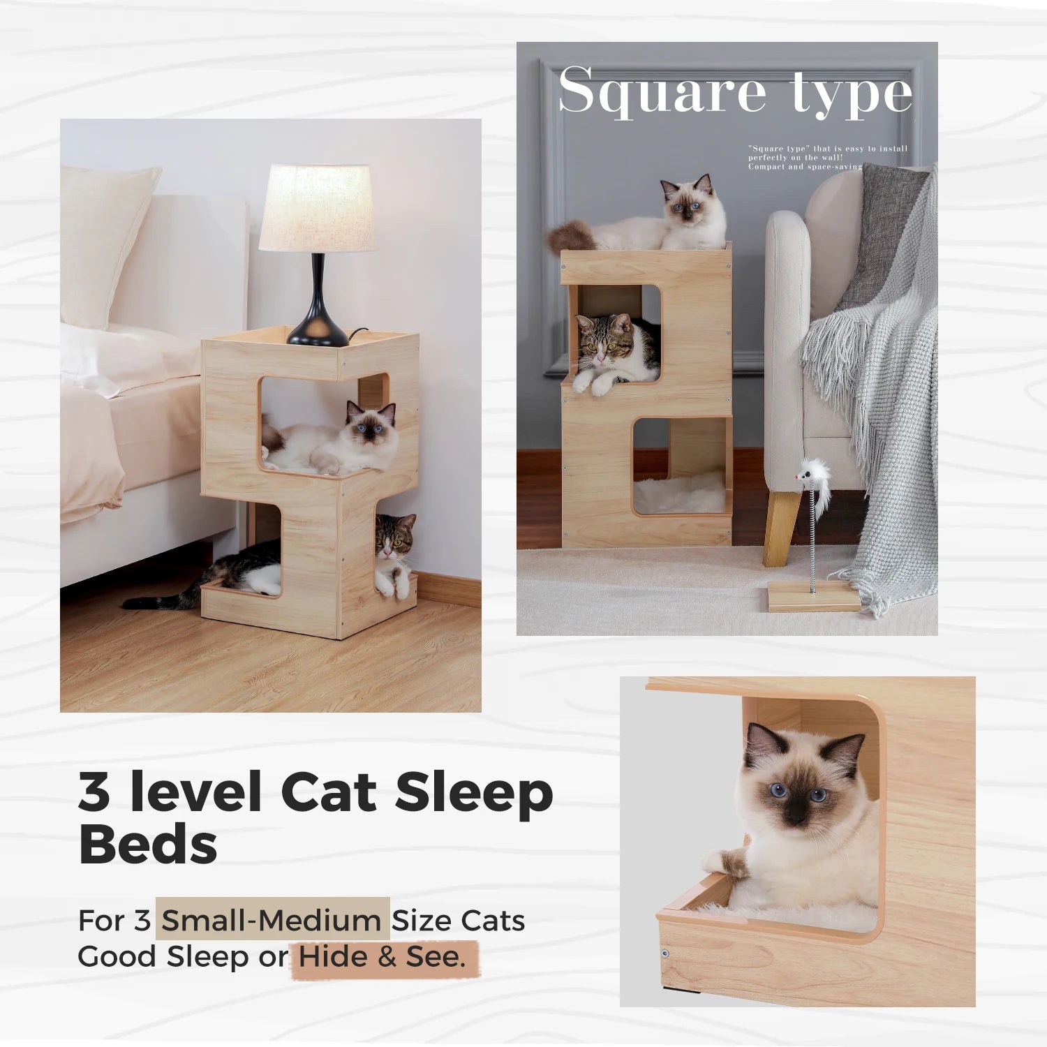 Wood Cat Condo House Bed with Removable Soft Mats Modern Cat Tree Tower with Scratching Pad Cat Scratcher Furniture Kitten Toys - Play Paws Toys