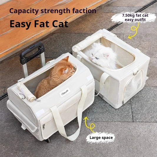 Double Layer Breathable Pet Carrier with Wheels Foldable Outdoor Travel Cat Trolley Case for Two Cats Portable Pet Trolley bag - Play Paws Toys