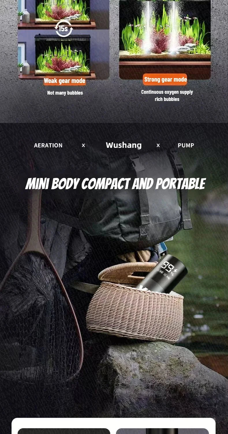 5W USB Rechargeable Oxygen Pump for Outdoor Fishing/Aquarium, Portable Aerator with 48H Runtime for Night Fishing