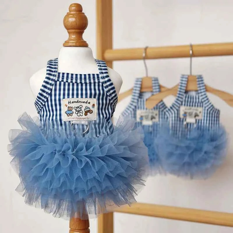 Blue Striped Dog Princess Dress, Summer Breathable Pet Tulle Skirt for Small Dogs Girls, Cute Puppy Clothes for Bichon Chihuahua