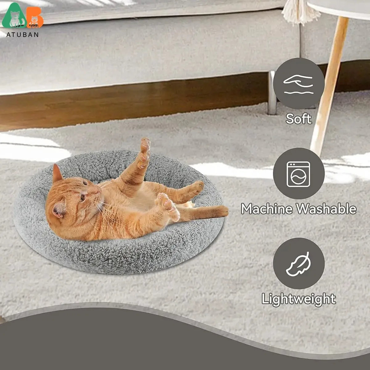 ATUBAN Cat Bed for Indoor Cats, Round Cat Bed for Curl Sleep Basic Pet Mat Wahable Bed for Small Puppy Cats Rabbit, Medium - Play Paws Toys