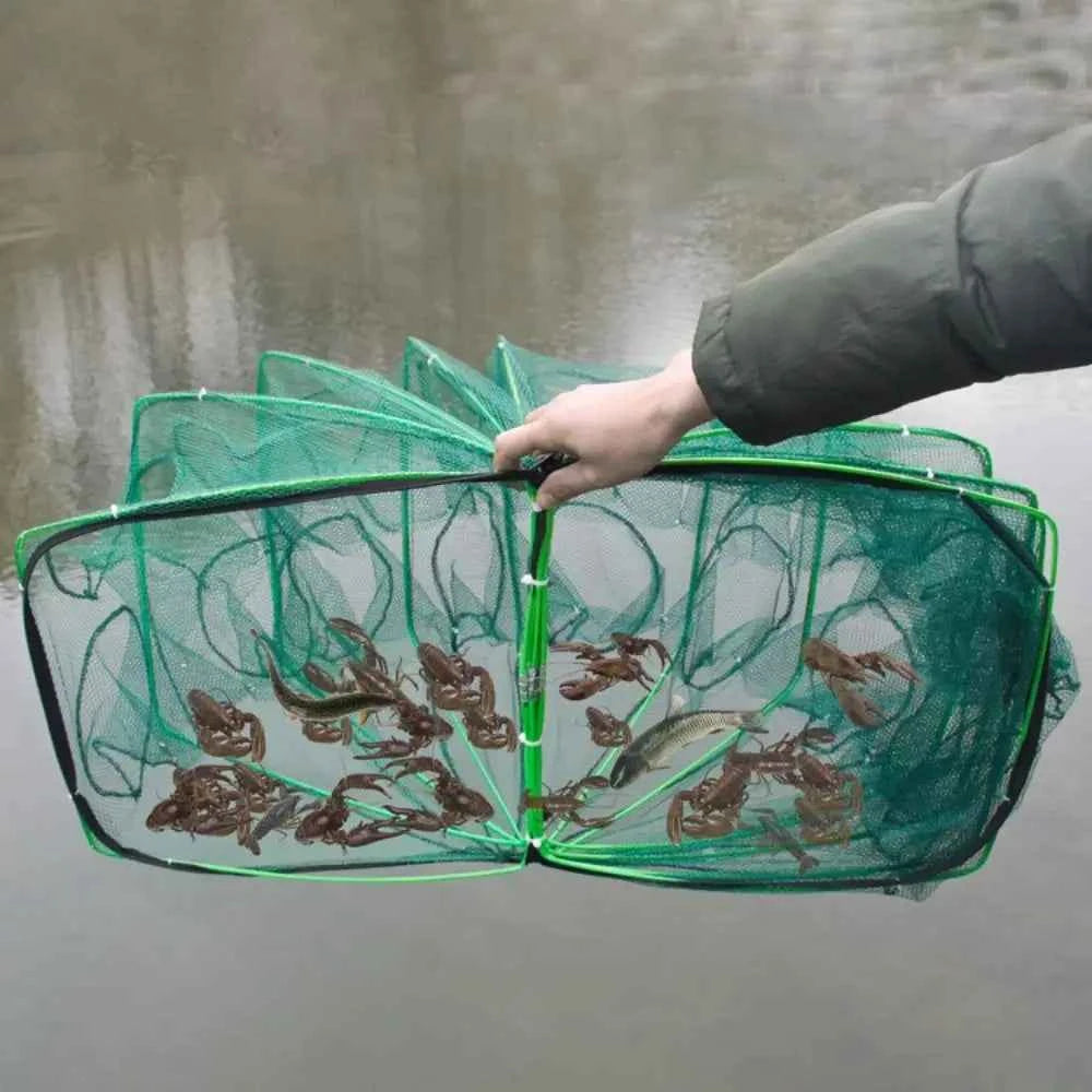 Durable Foldable 6/8/10 Holes Fishing Net Green Hand Fishing Net Nylon 40~82cm Crayfish Shrimp Catcher