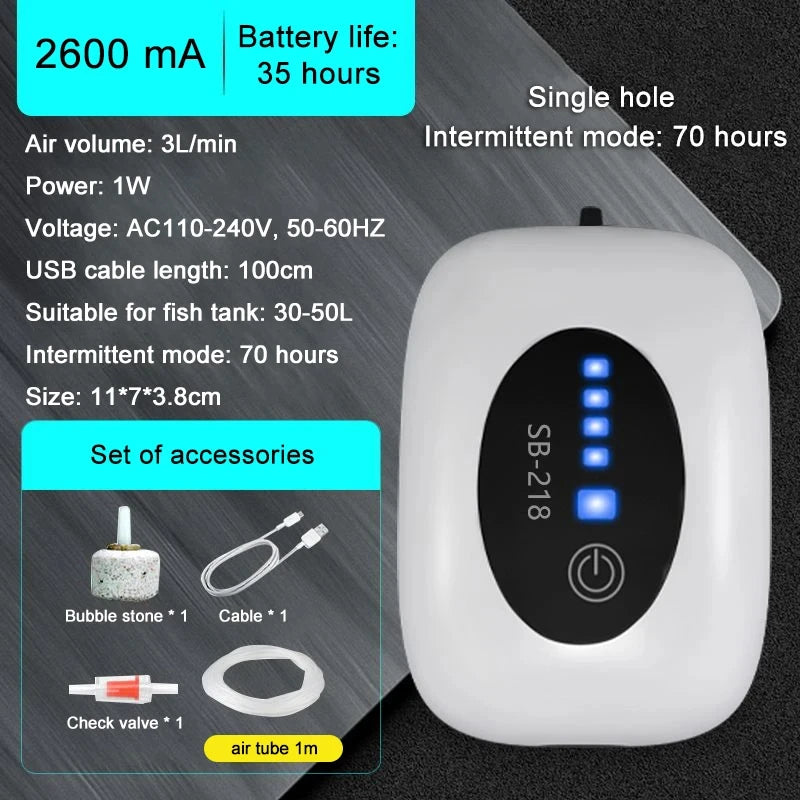 1PCS Aquarium Fish Tank Oxygen Air Pump Compressor Charging Silent USB with Battery Portable Fishing Oxygenator 6000mA Outdoor