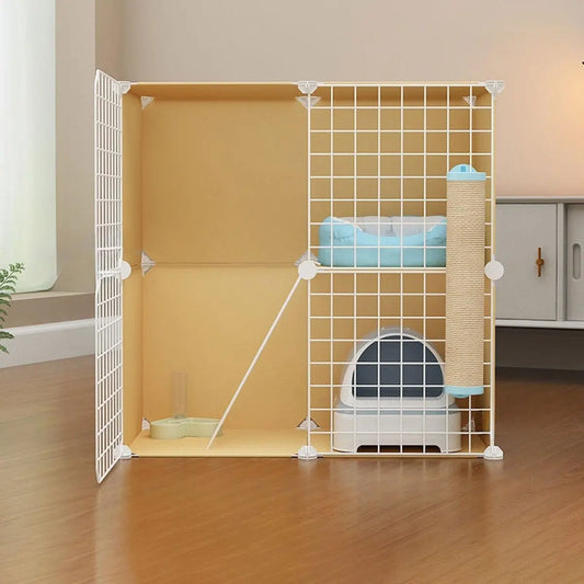 Cat Cage, Cat Villa, Yellow Cage, Natural Wood Color Pet Cage, Free Assembly, Multi-Cat, Space-Saving, Three-Layer Iron Mesh Cage, Household Cat Cabinet - Play Paws Toys