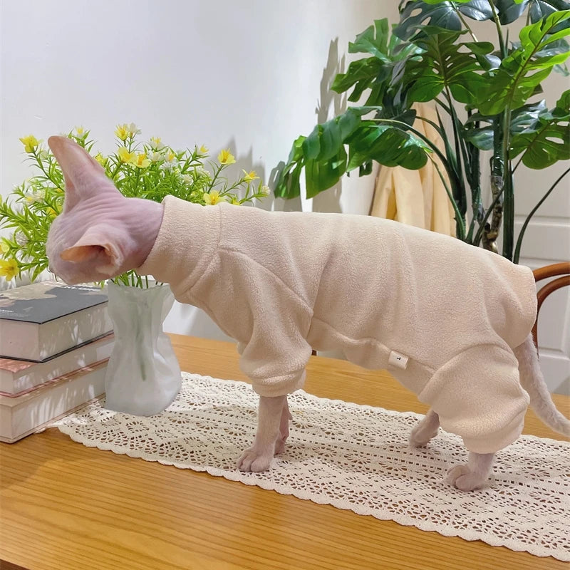 Fleece Coat for Sphynx Cat Warm Sweatshirt 4-legged Jumpsuit for Kittens Dogs soft Loungewear for Male Cat Devon Rex Sweater - Play Paws Toys