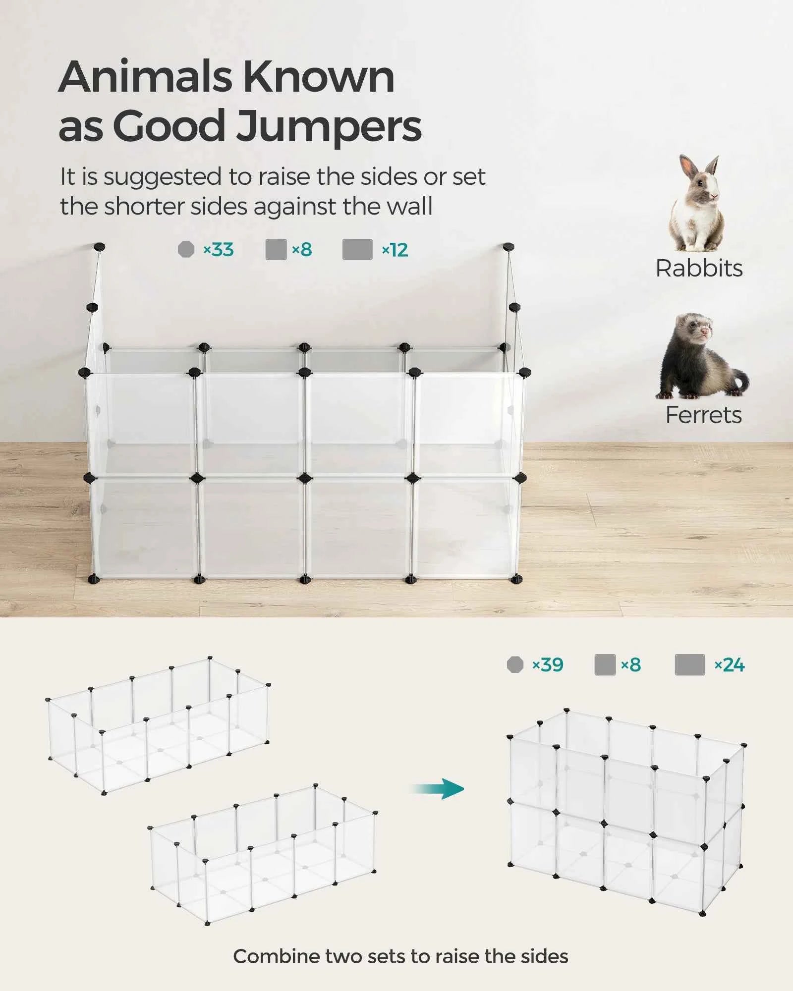 SONGMICS Pet Playpen with Floor, Small Animal Pen, Pet Fence Indoor, DIY Plastic Enclosure for Hamsters, Rabbits, Hedgehogs, Fer