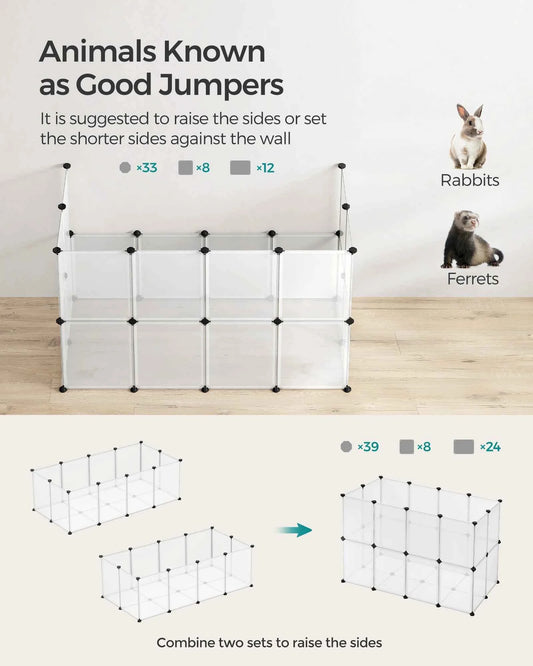 SONGMICS Pet Playpen with Floor, Small Animal Pen, Pet Fence Indoor, DIY Plastic Enclosure for Hamsters, Rabbits, Hedgehogs, Fer