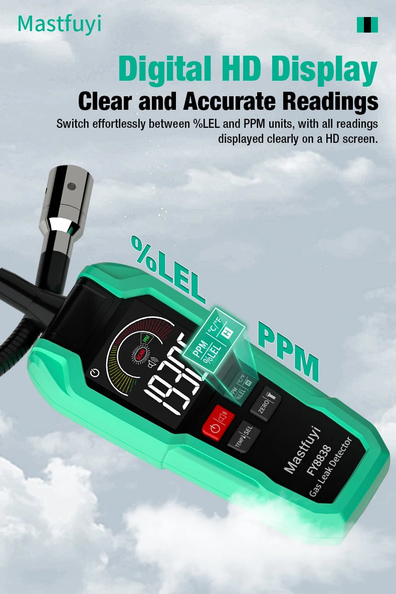 MASTFUYI FY8838 Professional Gas Leak Detector 0-9999PPM - Portable Combustible Gas Sniffer for Methane LNG Audio Visual Alarm