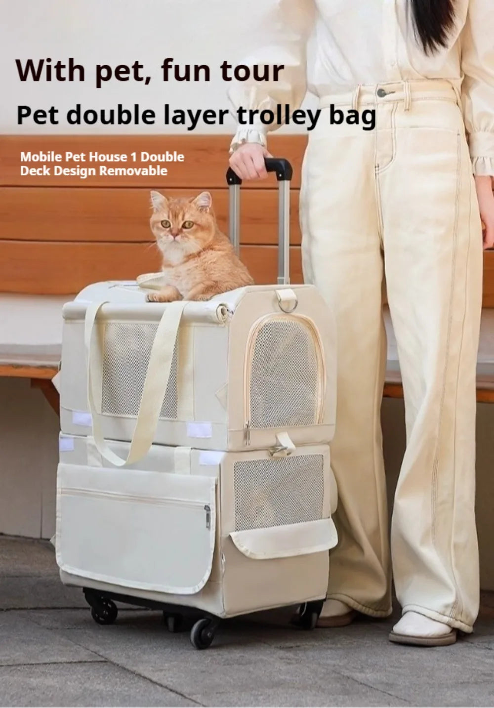 Double Layer Breathable Pet Carrier with Wheels Foldable Outdoor Travel Cat Trolley Case for Two Cats Portable Pet Trolley bag - Play Paws Toys
