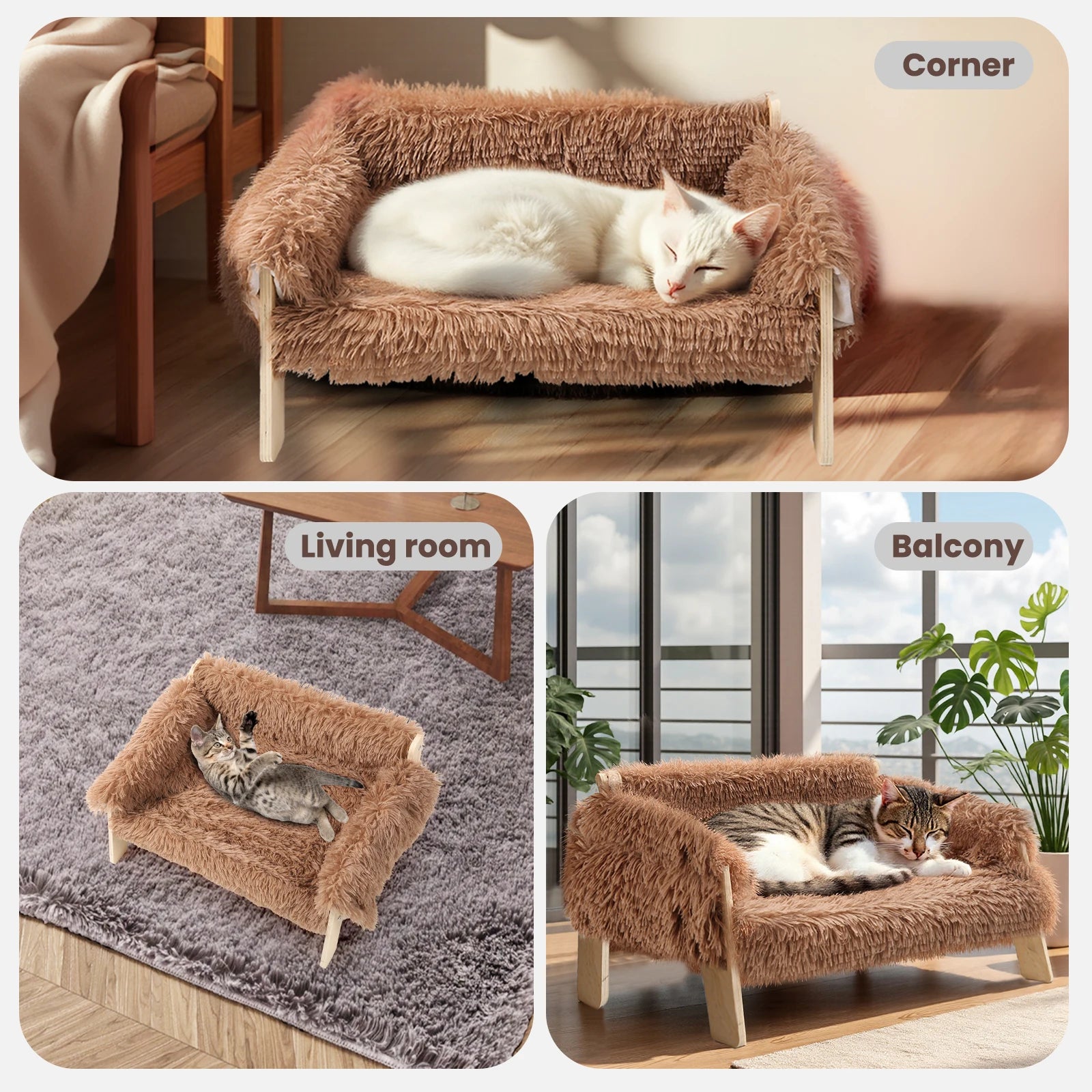 Large Cat Bed Sturdy Wooden Leg Raised Plush Cat Sofa Bed Kitten Bed for Indoor Cats - Soft Cat Couch - Play Paws Toys