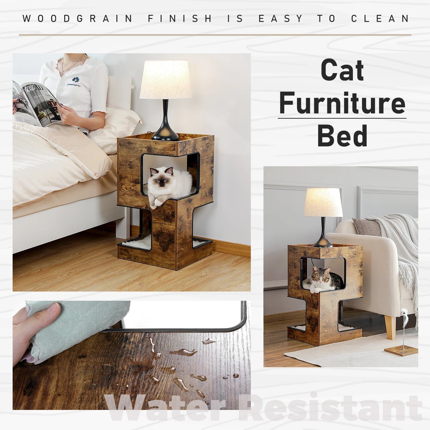 Wood Cat Condo House Bed with Removable Soft Mats Modern Cat Tree Tower with Scratching Pad Cat Scratcher Furniture Kitten Toys - Play Paws Toys