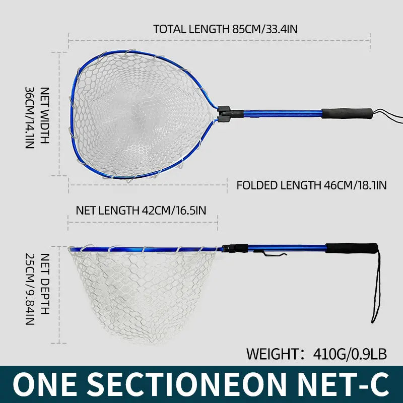 ShareShark Ultra-light portable soft rubber net with aluminum alloy handle, foldable fly fishing landing net fishing tool access