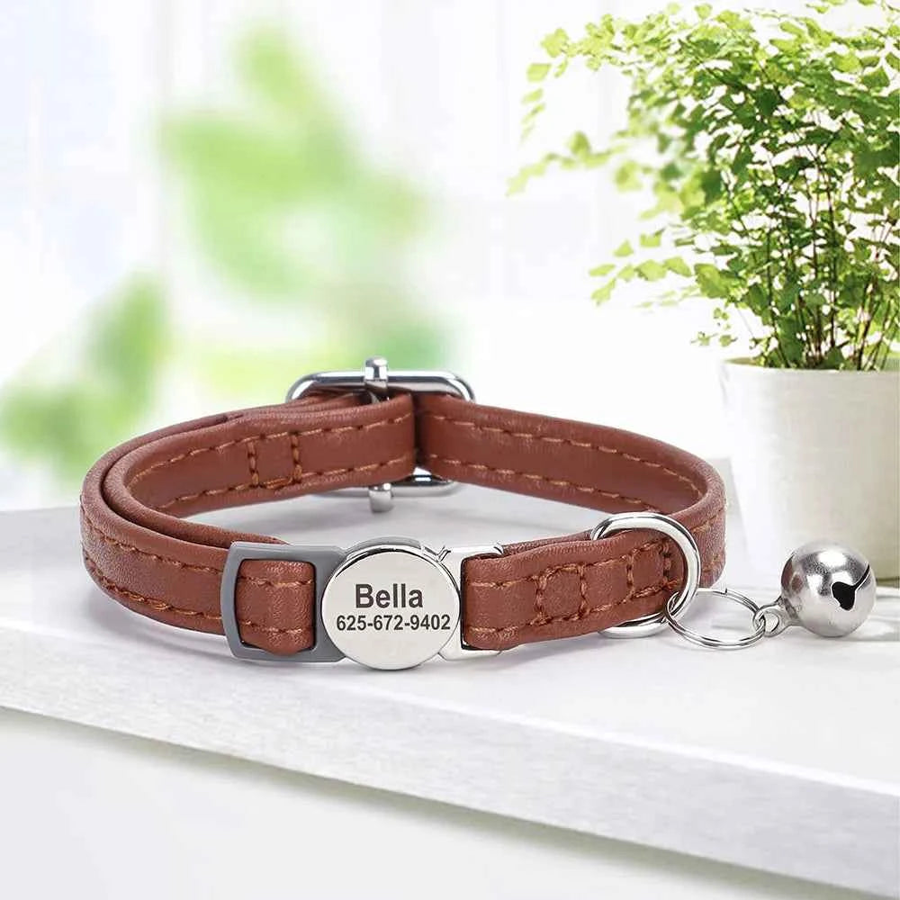 Custom Cat Collar Personalized PU Leather Kitten Puppy Collars Free Engraved ID Nameplate Necklace With Bell for cat Anti-lost