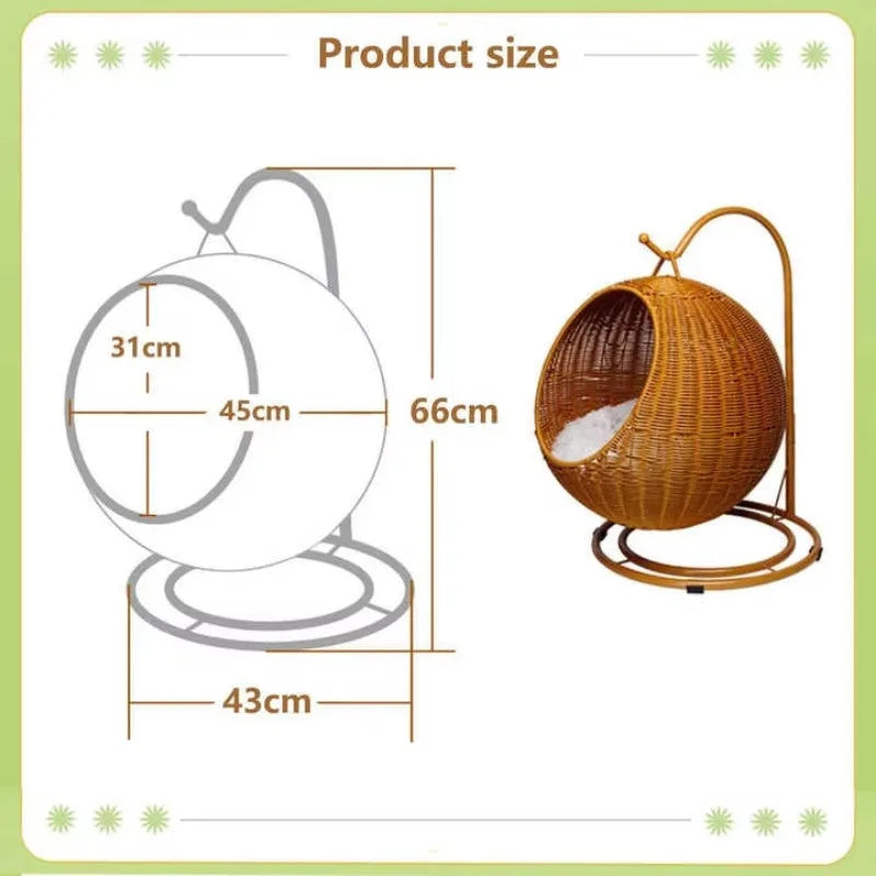 Semi-enclosed Pet Hammock Hanging Cat Nest Round Rattan Cat Cage Cat Bed with Plush Cushion Pet Cradle Bed Cat Accessories - Play Paws Toys