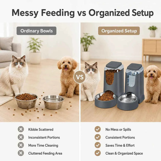 Automatic Pet Feeder Water Dispenser Set, Gravity Food and Water Station, Stainless Steel Bowl for Cats and Small Dogs，3.8L*2
