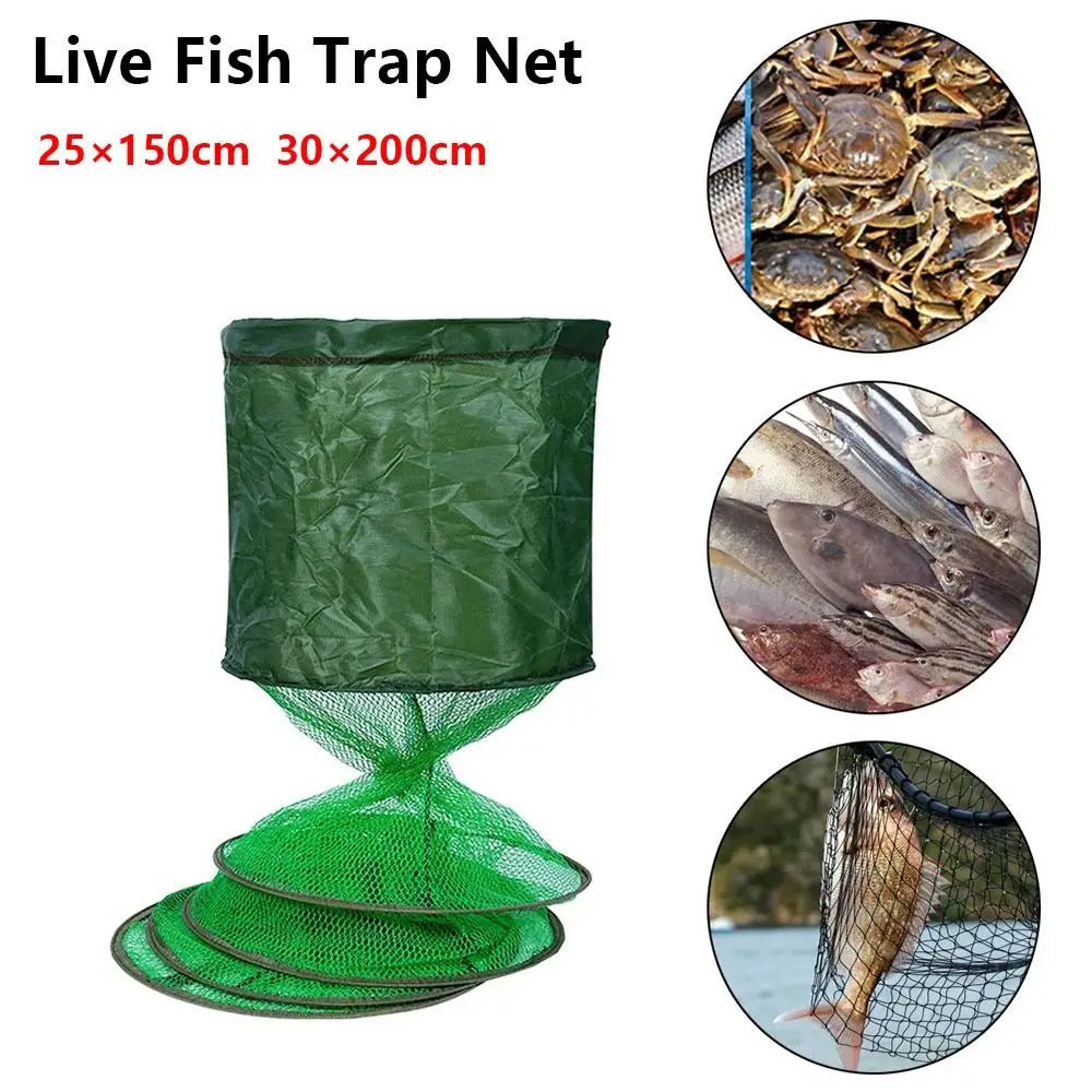 1Pcs 30x200cm Fish Cage Steel SUS Ring Nylon Mesh Fish Basket Waterproof Gluing Coating Quick Drying Live Fish Trap Net