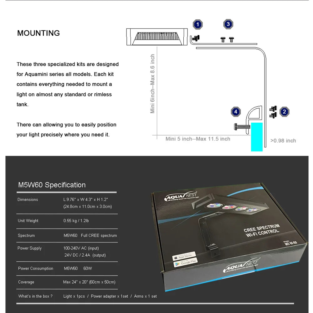 AQUANEST LED Aquarium Light T30/40/60 CREE Full Spectrum Intelligent Temperature Marine SPS LPS for Coral Reef Fish Tank