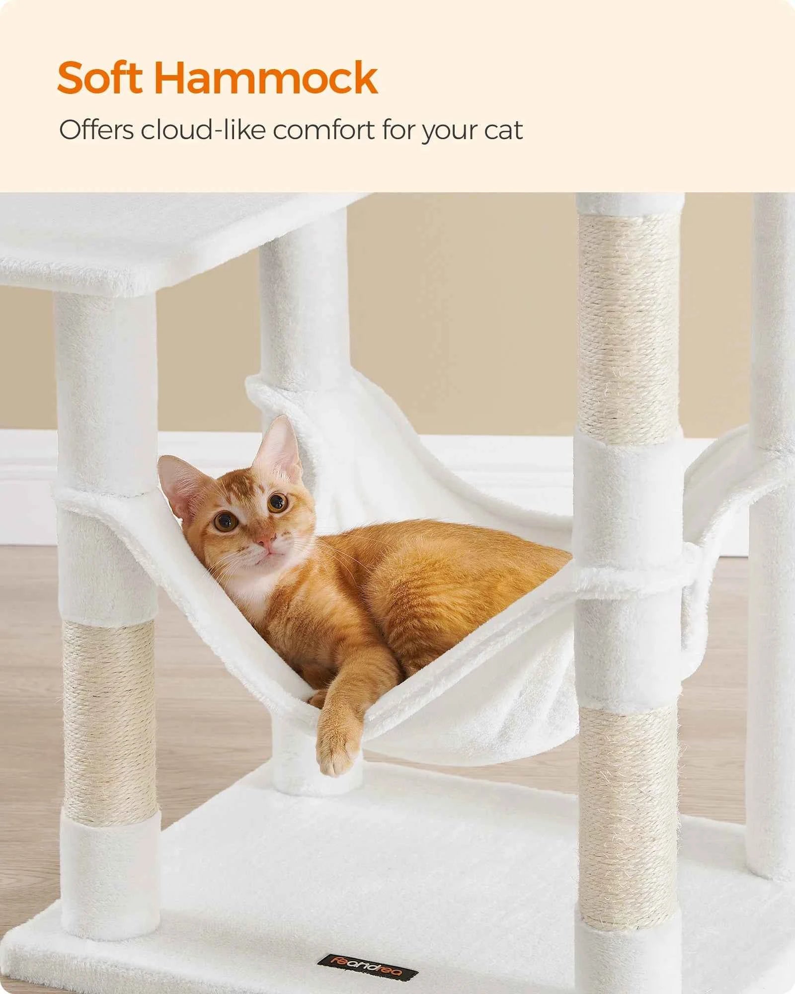 Feandrea Cat Tree, 55.1-Inch Cat Tower, Plush Multi-Level Condo with 4 Scratching Posts, 2 Perches, Hammock, Cave