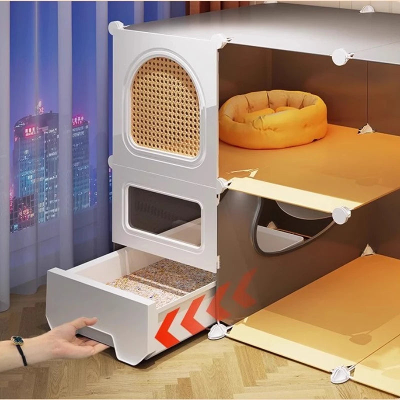 Large Cat Cages with Bed & Litter Box Indoor Multi-Level Cat House Spacious 3-in-1 Pet Villa Roomy Playpen with Resting Area - Play Paws Toys