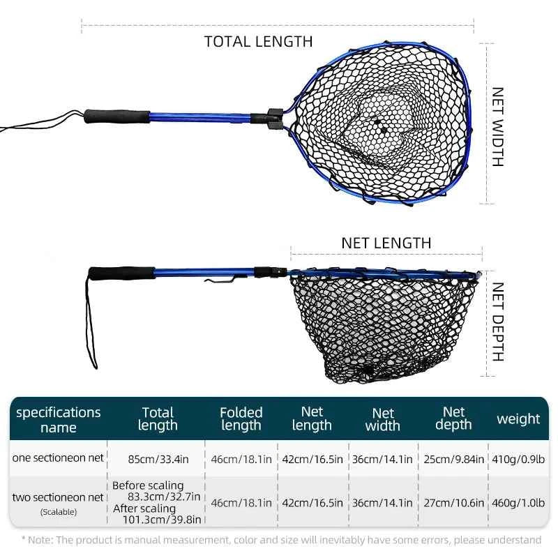 ShareShark Ultra-light portable soft rubber net with aluminum alloy handle, foldable fly fishing landing net fishing tool access