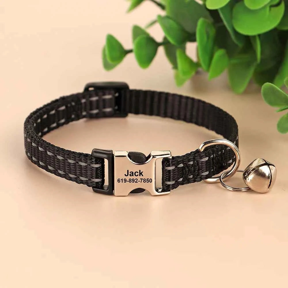 Personalized Cat Collar Reflective Nylon Dog Cats ID Collars With Bell Free Engraving for Cats Small Dogs Chihuahua 10 Colors