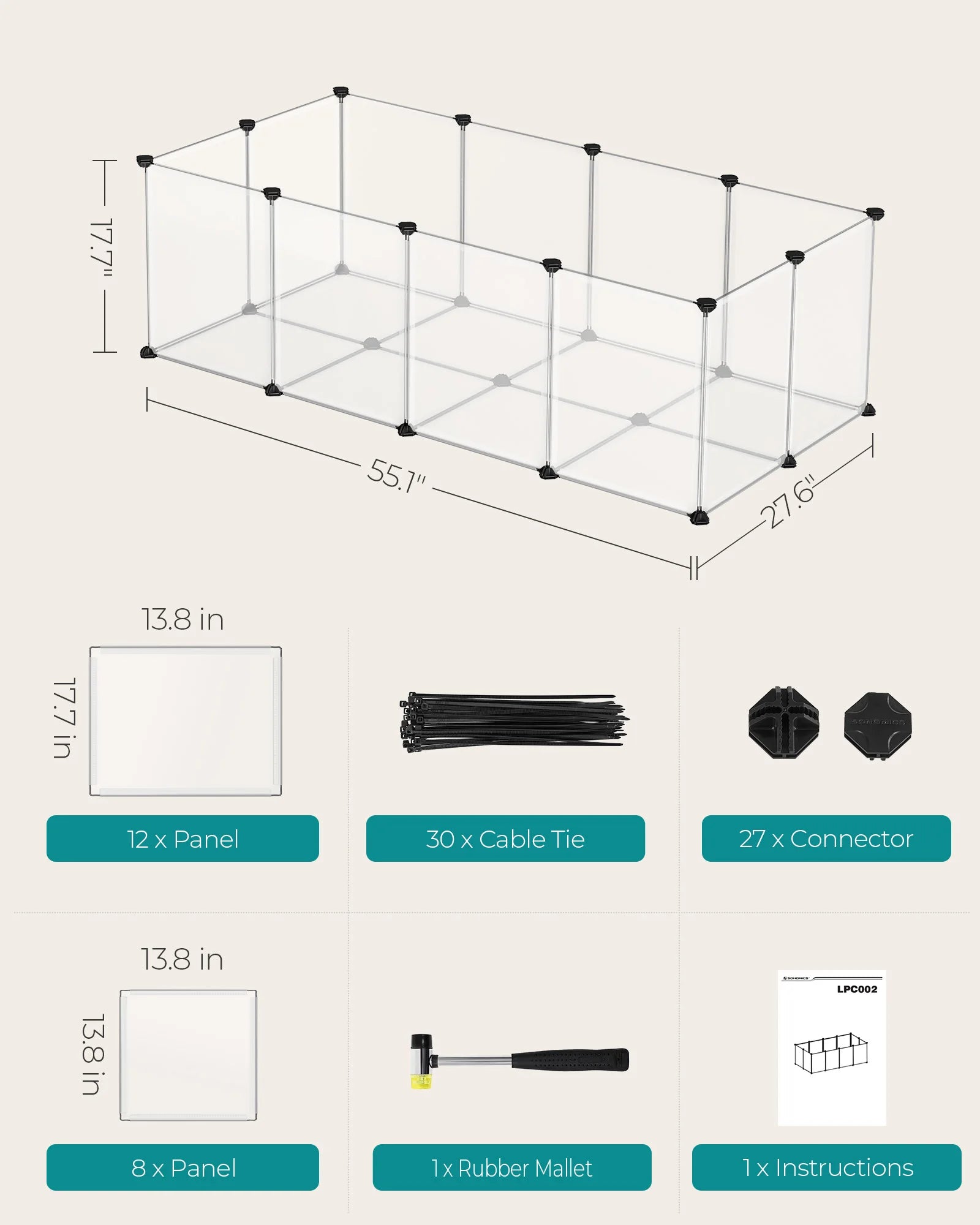 SONGMICS Pet Playpen with Floor, Small Animal Pen, Pet Fence Indoor, DIY Plastic Enclosure for Hamsters, Rabbits, Hedgehogs, Fer
