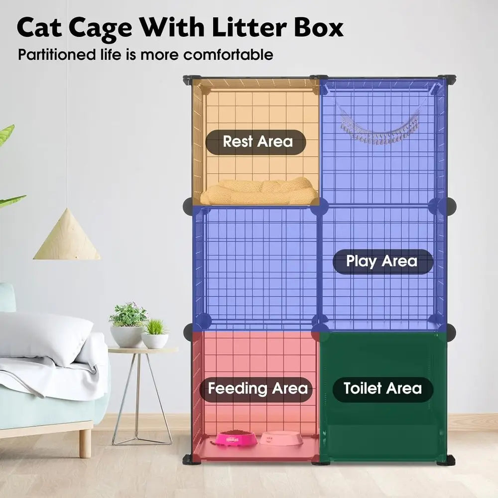 Cat Enclosure Indoor with Litter Box, 3-Tier Metal Wire Cat Cage, DIY Detachable Design for Cats, Kittens & Small Animals, Multi - Play Paws Toys