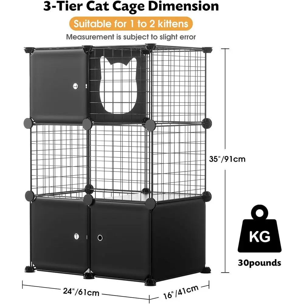 Cat Enclosure Indoor with Litter Box, 3-Tier Metal Wire Cat Cage, DIY Detachable Design for Cats, Kittens & Small Animals, Multi - Play Paws Toys
