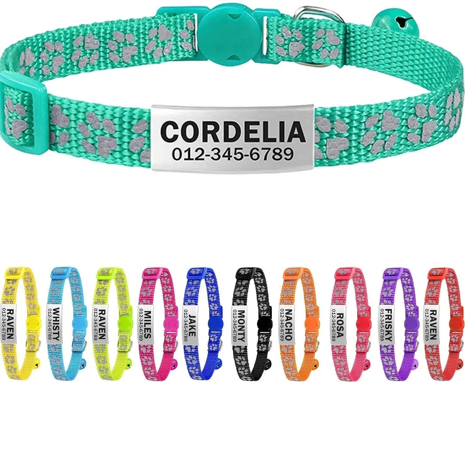 Custom Reflective Cat Collar - Personalized Name Tag & Bell Breakaway Adjustable Anti-Lost Design with Paw Print Collar for Cats
