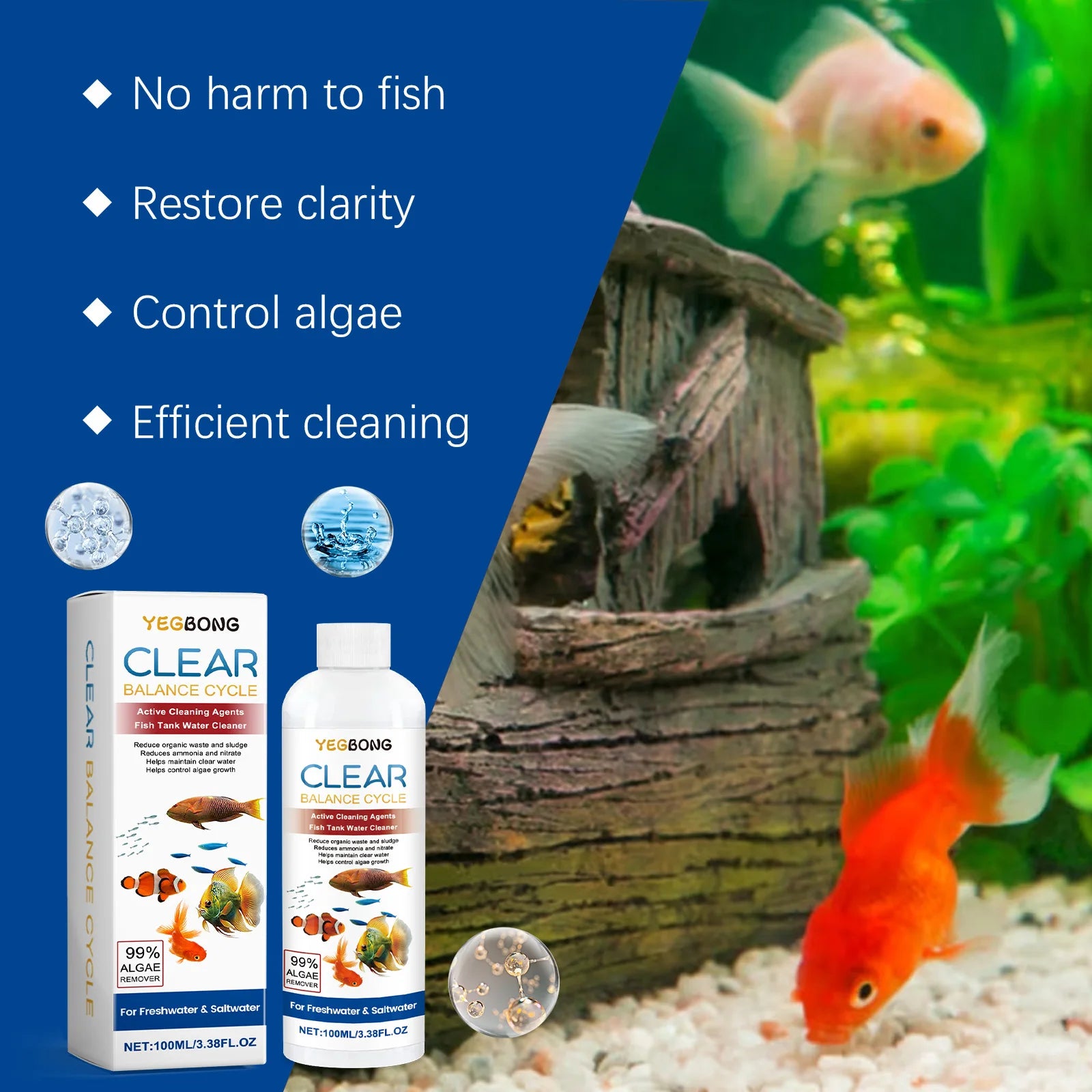 Fish Tank Water Clarifying Agent Quick Clean Stains and Sludge Control Algae Growth Water Purification Fish Tank Water Cleaner