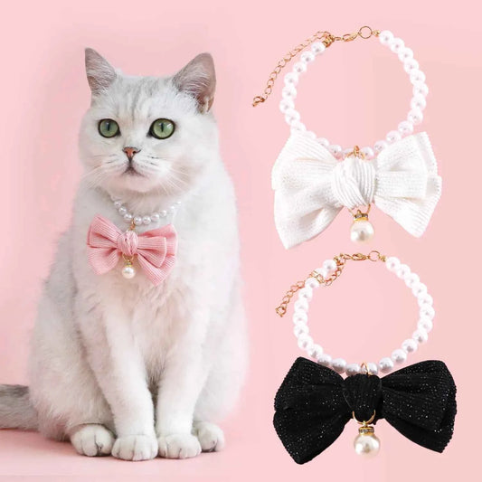 Pet Pearl Diamond Bow Necklace Princess Style Bow Tie Pendant Birthday Cat Puppy Collar