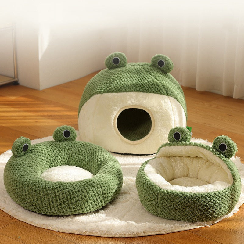 New Pet Nest Winter Warm Dog Den Cat Villa Plush Pets Mattress Small Frog Shape Semi Enclosed Kitten Puppy House Pet Supplies - Play Paws Toys