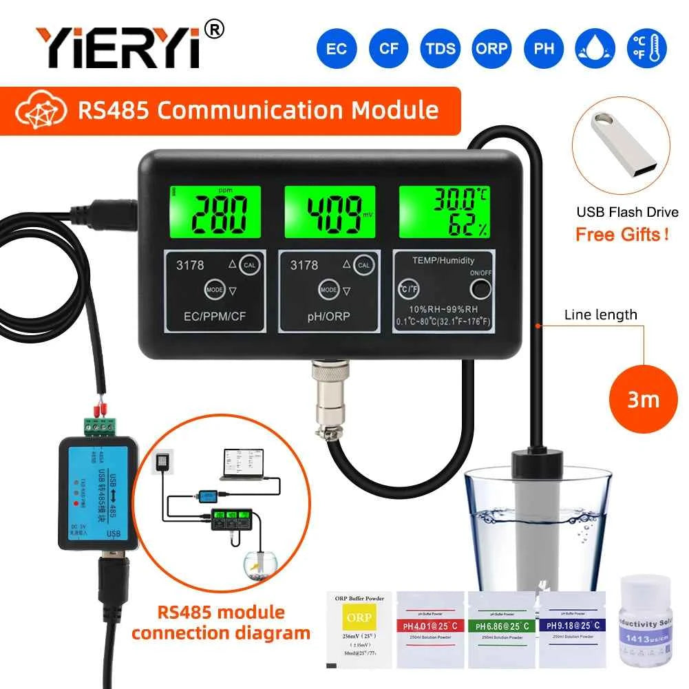 RS485 Communication Multi-function Water Quality Tester Monitor PH ORP TDS EC CF Теmp Humidity Meter Aquarium Online Analyzer