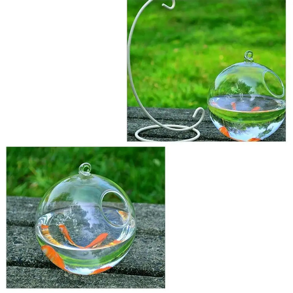 Round/Rectangle Shape Hanging Glass Aquarium Fish Tank Fish Bowl Transparent Vase Ornament With Rack Holder Home Decoration