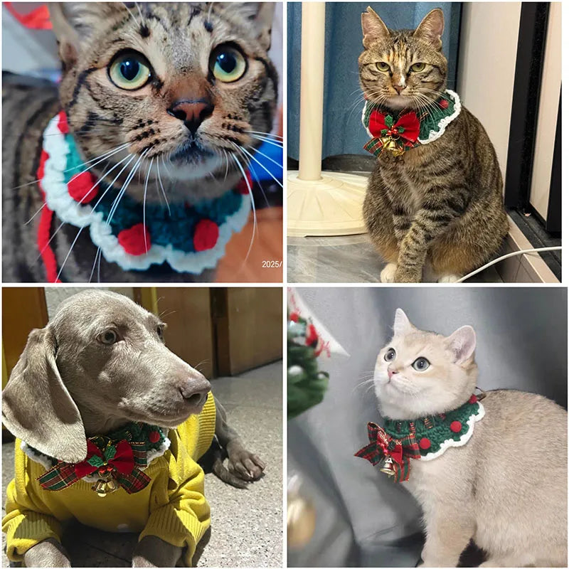 Cute Cat Bow Collar Wool Crocheted Christmas Cats Bowtie Collar Bow Tie Pet Bib for Indoor Cats Kitten and Small Dogs Puppies