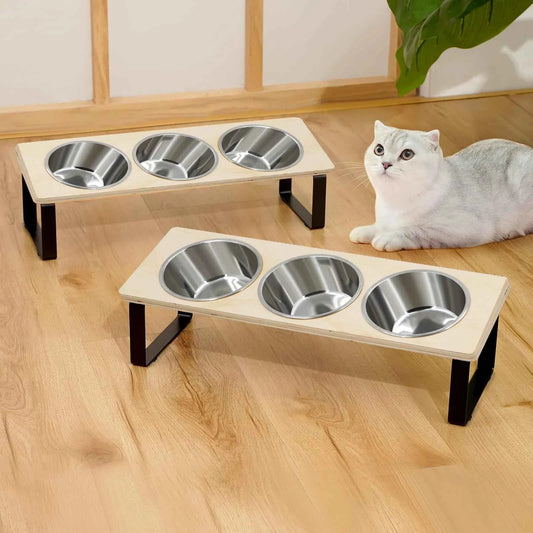 Elevated Cat Bowls Feeder 15° Tilted Raised Feeding & Watering Supplies Pet 3 Stainless Steel Bowls with Stand for Cats Puppies