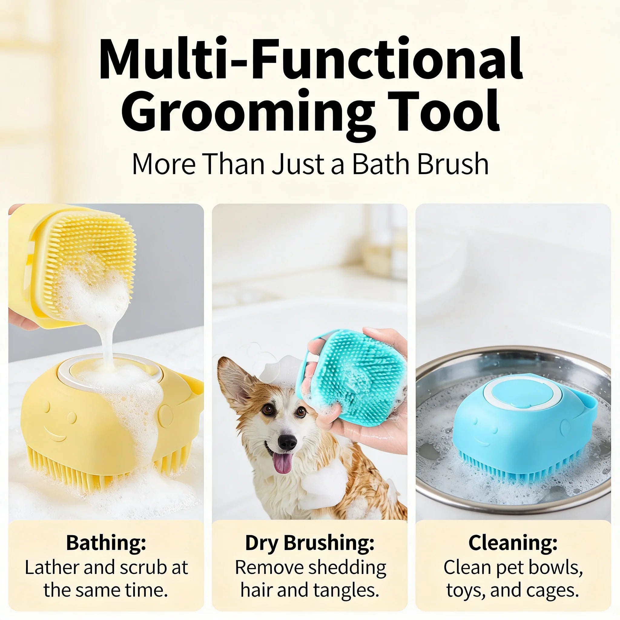 Pet Bath & Massage Brush 2-in-1 Silicone Dog Cat Grooming Tool with Shampoo Dispenser for Bathing Washing Sensitive Skin Puppies and Kittens