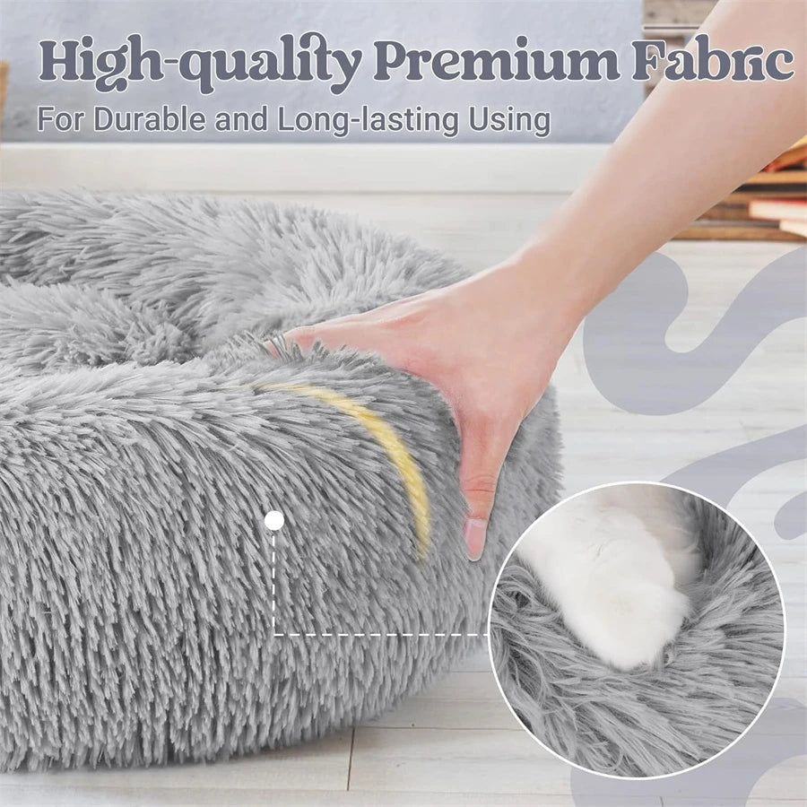 Soft Long Plush Cat House Beds dog Calm Warm Faux Fur Bed Donut Round Comfortable Sleeping Bed Washable for Small Medium Dog Cat - Play Paws Toys