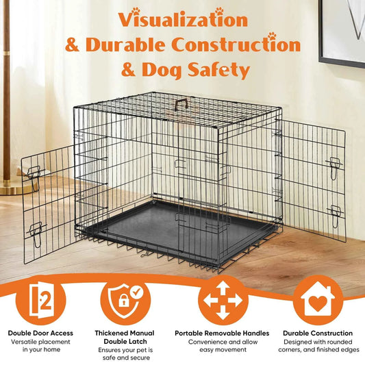 JHK 48 Inch Double Door Folding Metal Wire Dog Cage with Plastic Leak-Proof Pan Tray Extra Large Pet Kennel for Outdoor Travel