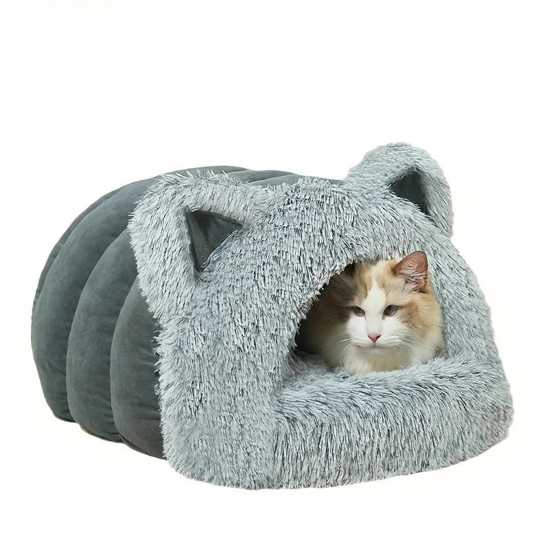 Enclosed Pet Bed Winter Warm Plush Hooded Cat Bed House with Cute Ears Indoor Nest Cave Comfort Kittens Hideaway for Small Dog - Play Paws Toys