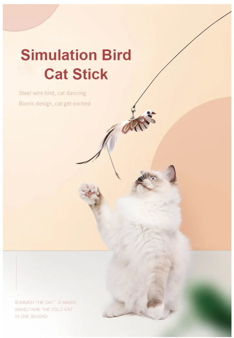 Simulation Bird Interactive Funny Cat Stick Toy Furry Feather Bird With Bell Sucker Cat Stick Toy Kitten Playing Pet Accessories
