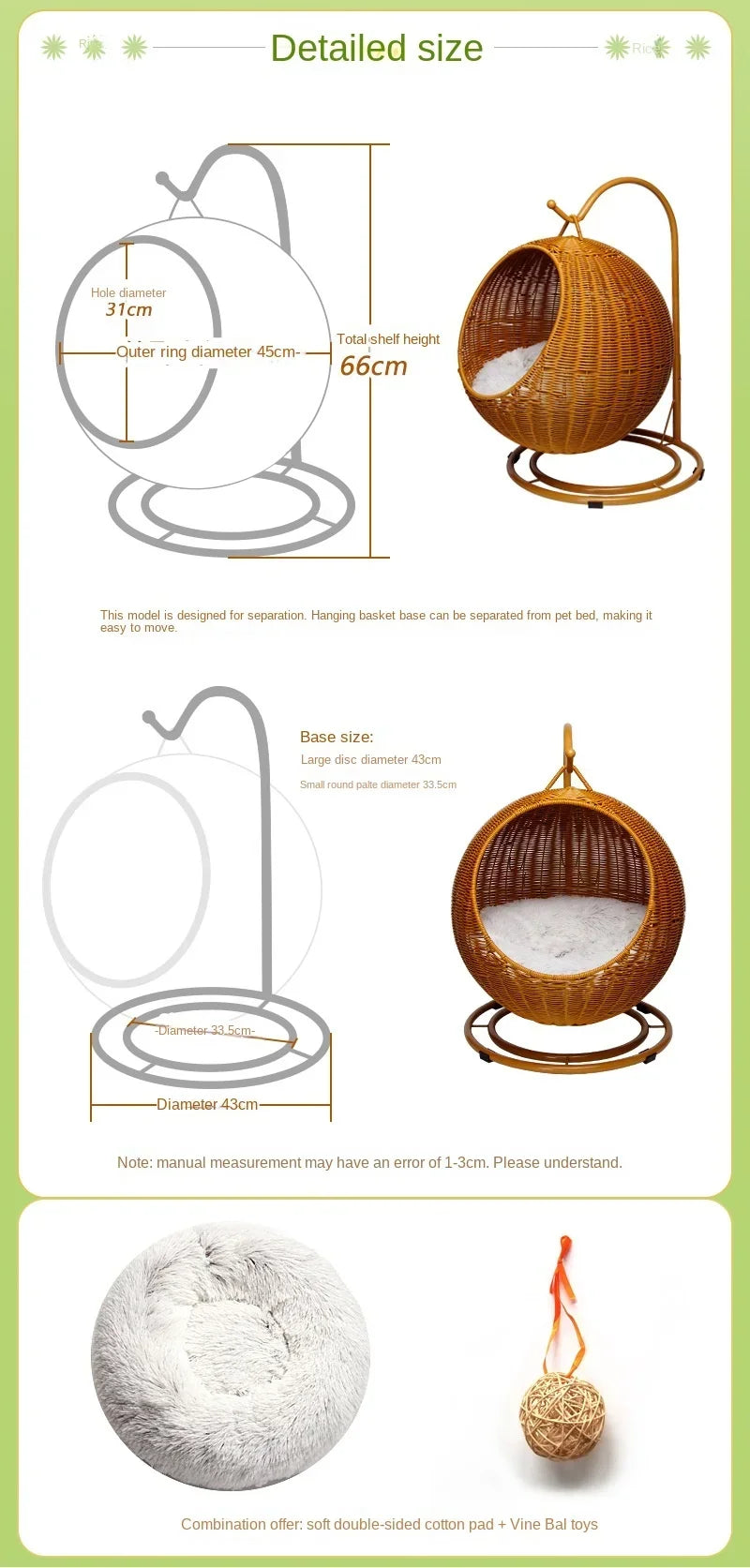 Semi-enclosed Pet Hammock Hanging Cat Nest Round Rattan Cat Cage Cat Bed with Plush Cushion Pet Cradle Bed Cat Accessories - Play Paws Toys