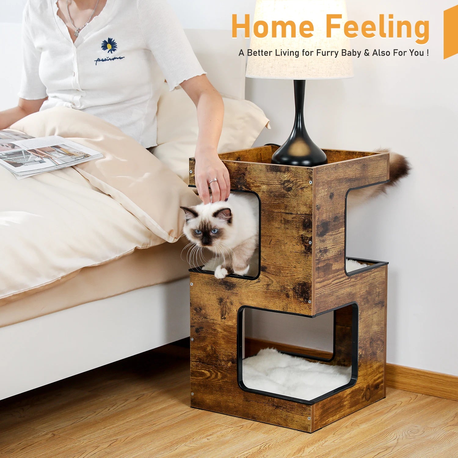 Wood Cat Condo House Bed with Removable Soft Mats Modern Cat Tree Tower with Scratching Pad Cat Scratcher Furniture Kitten Toys - Play Paws Toys