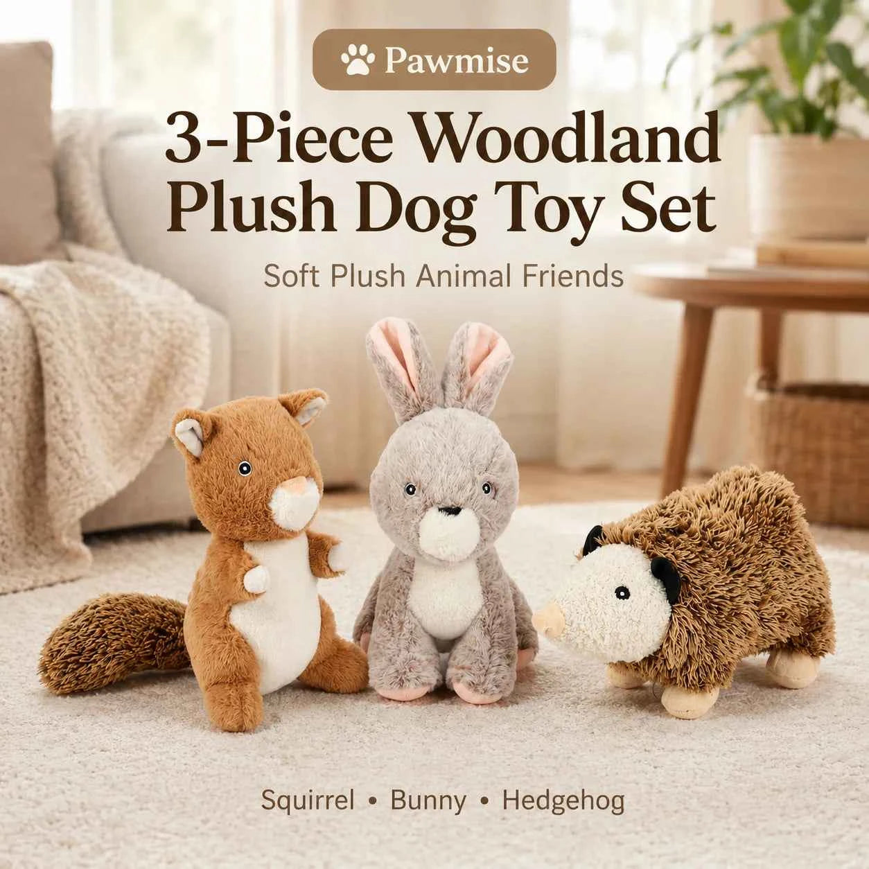 3-Piece Squeaky Plush Pet Toys Set - Rabbit, Squirrel & Mouse - Durable Crinkle Dog & Cat Toys for Small Breeds, Puppies & Kittens - Soft Chew Toys for Anxiety Relief & Interactive Play