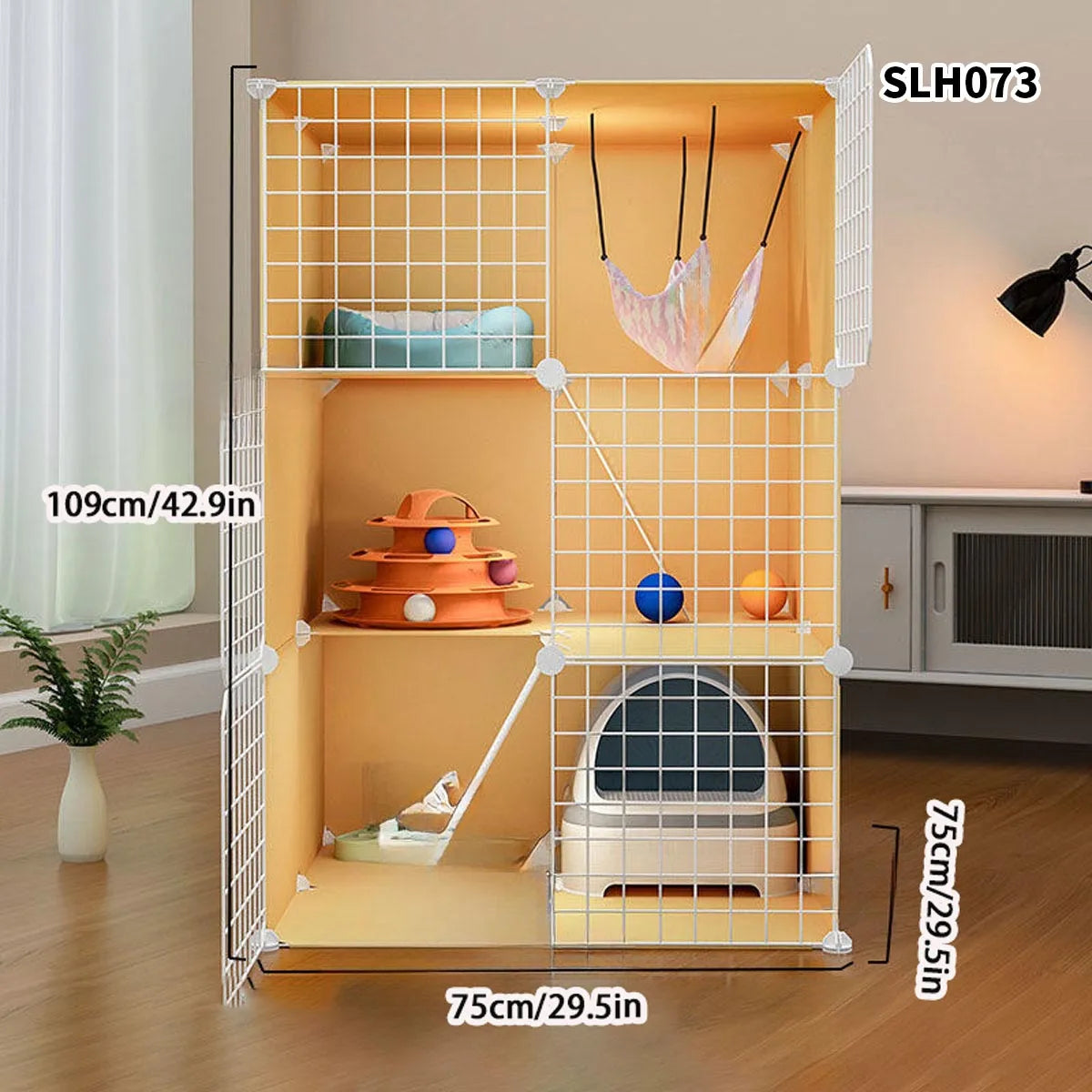 Cat Cage, Cat Villa, Yellow Cage, Natural Wood Color Pet Cage, Free Assembly, Multi-Cat, Space-Saving, Three-Layer Iron Mesh Cage, Household Cat Cabinet - Play Paws Toys