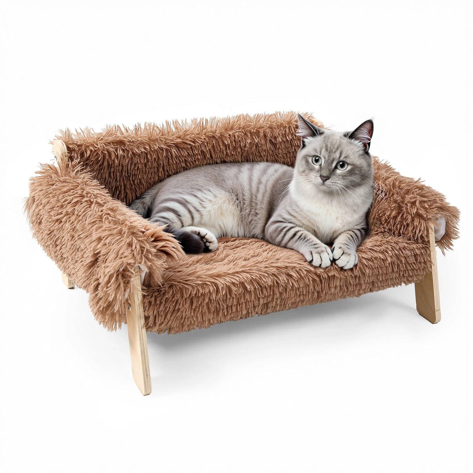 Large Cat Bed Sturdy Wooden Leg Raised Plush Cat Sofa Bed Kitten Bed for Indoor Cats - Soft Cat Couch - Play Paws Toys