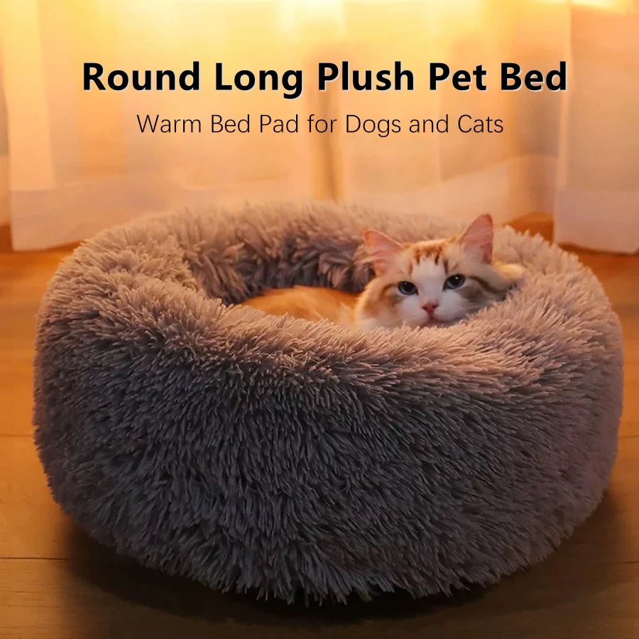 Soft Long Plush Cat House Beds dog Calm Warm Faux Fur Bed Donut Round Comfortable Sleeping Bed Washable for Small Medium Dog Cat - Play Paws Toys