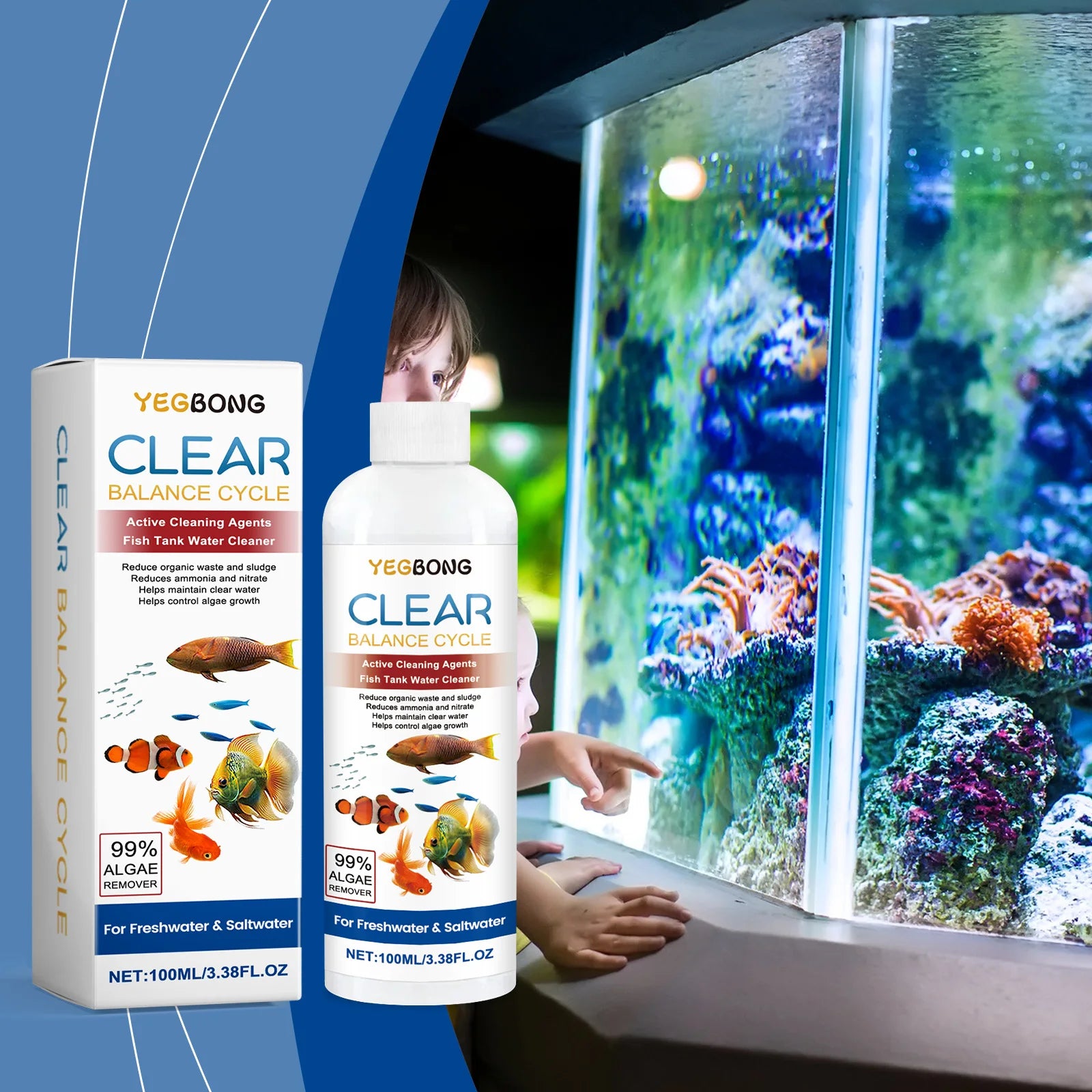 Fish Tank Water Clarifying Agent Quick Clean Stains and Sludge Control Algae Growth Water Purification Fish Tank Water Cleaner