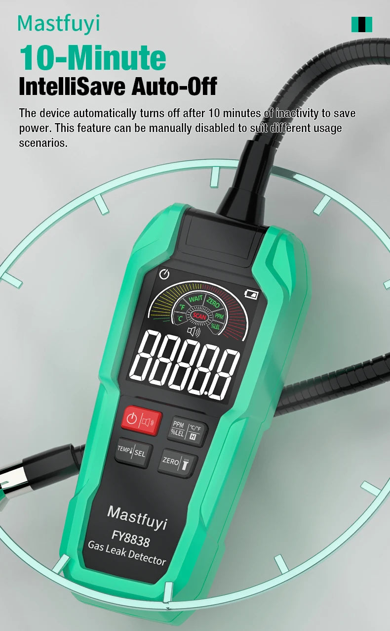 MASTFUYI FY8838 Professional Gas Leak Detector 0-9999PPM - Portable Combustible Gas Sniffer for Methane LNG Audio Visual Alarm